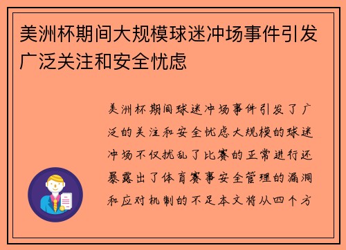 美洲杯期间大规模球迷冲场事件引发广泛关注和安全忧虑