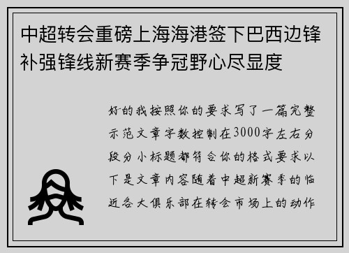 中超转会重磅上海海港签下巴西边锋补强锋线新赛季争冠野心尽显度