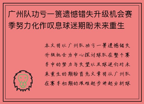广州队功亏一篑遗憾错失升级机会赛季努力化作叹息球迷期盼未来重生