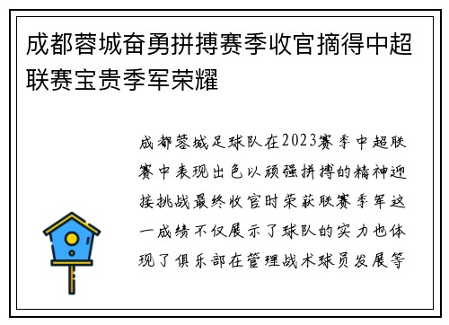 成都蓉城奋勇拼搏赛季收官摘得中超联赛宝贵季军荣耀